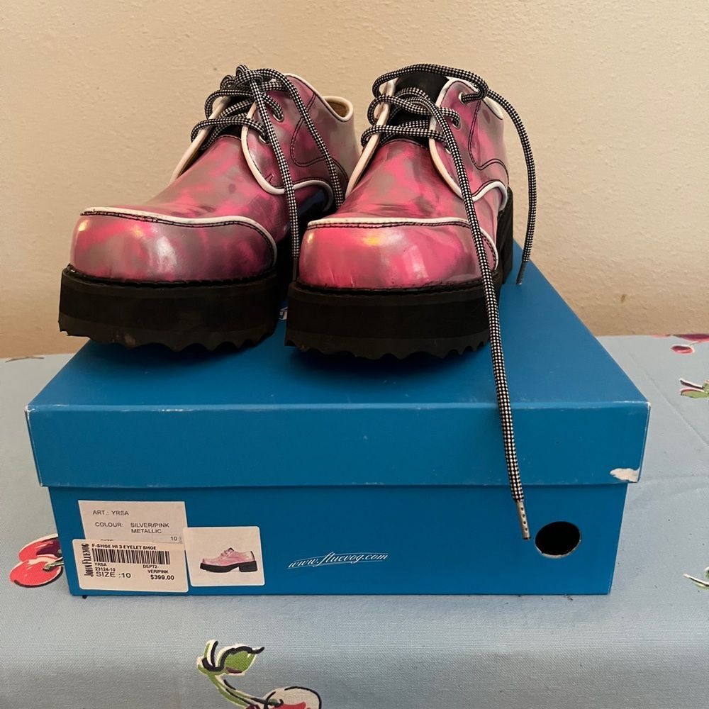 John Fluevog F-Shoe Hi Yrsa Metallic, Pink - size 10